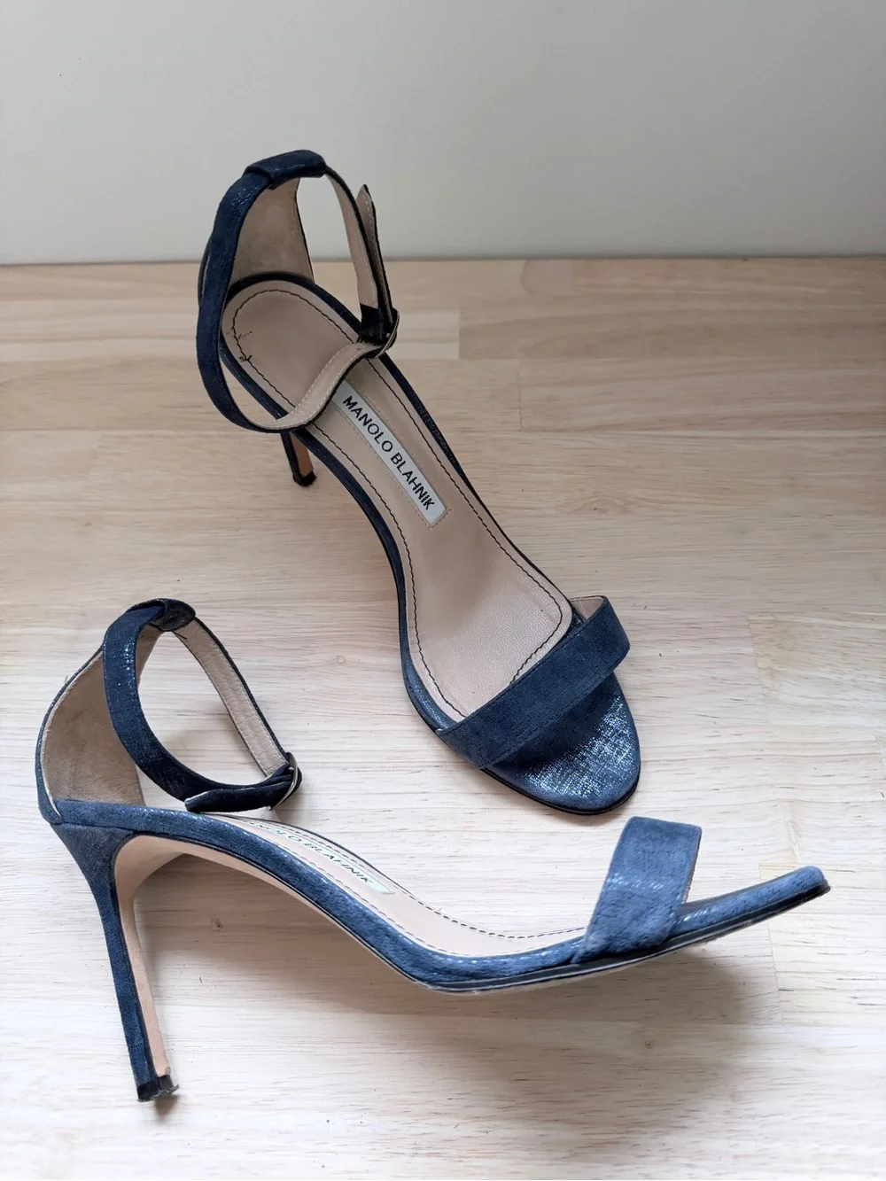 Manolo Blahnik Metallic Navy Ankle Strap Sandals Heels 36.5 | Minimalist Luxury - Picture 3 of 14